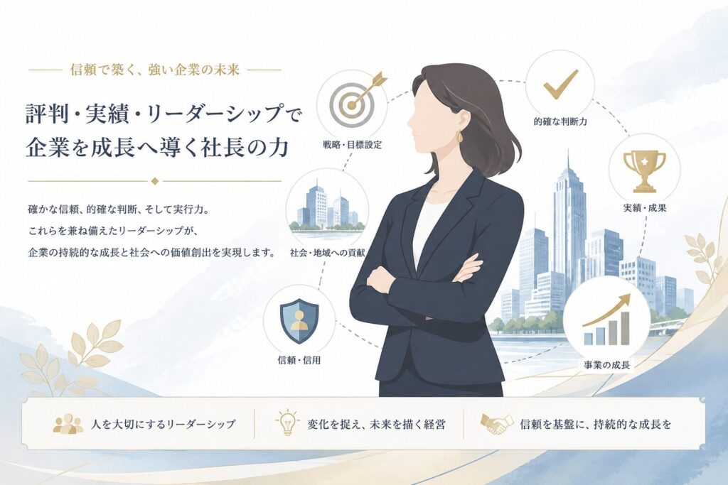 伊達美和子さんの評判や実績、経営手腕をグラフや盾、トロフィーで表現したフラットイラスト