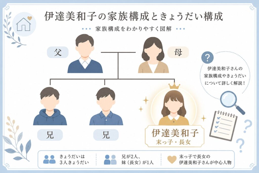 伊達美和子氏の兄弟構成を表す、父母・兄2人・本人の家系図風フラットイラスト