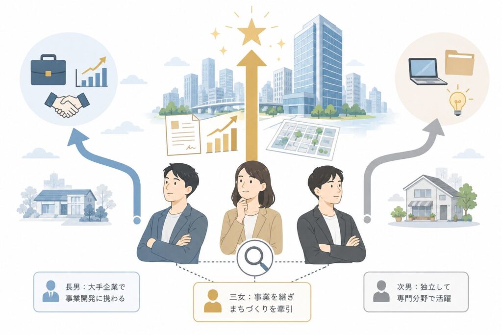 伊達美和子氏と兄たちの進路の違いや後継者選びをイメージした、分岐する道のフラットイラスト
