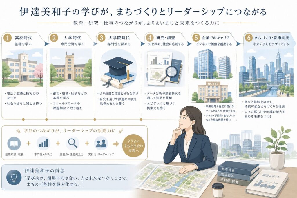 伊達美和子氏の学歴から現在のまちづくりや経営につながる歩みを年表風に表したフラットイラスト