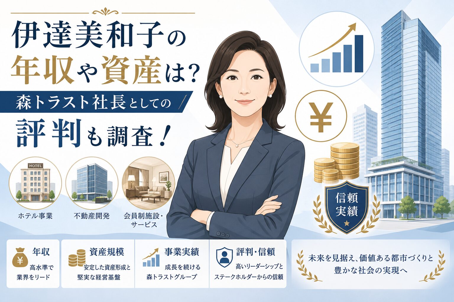 伊達美和子さんの経歴と学歴において、森トラスト社長就任までの歩みと実績をタイムライン風にわかりやすく表現したフラットイラストのアイキャッチ画像