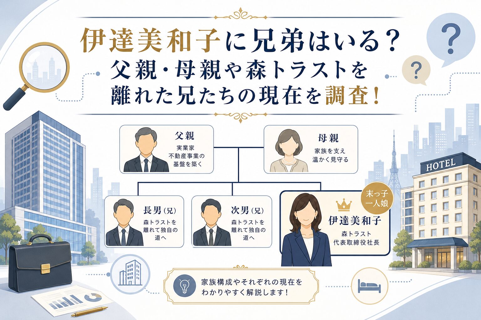 伊達美和子氏の兄弟や父親・母親などの家族構成をイメージした、家系図風の構成とビジネス要素を組み合わせたフラットイラスト