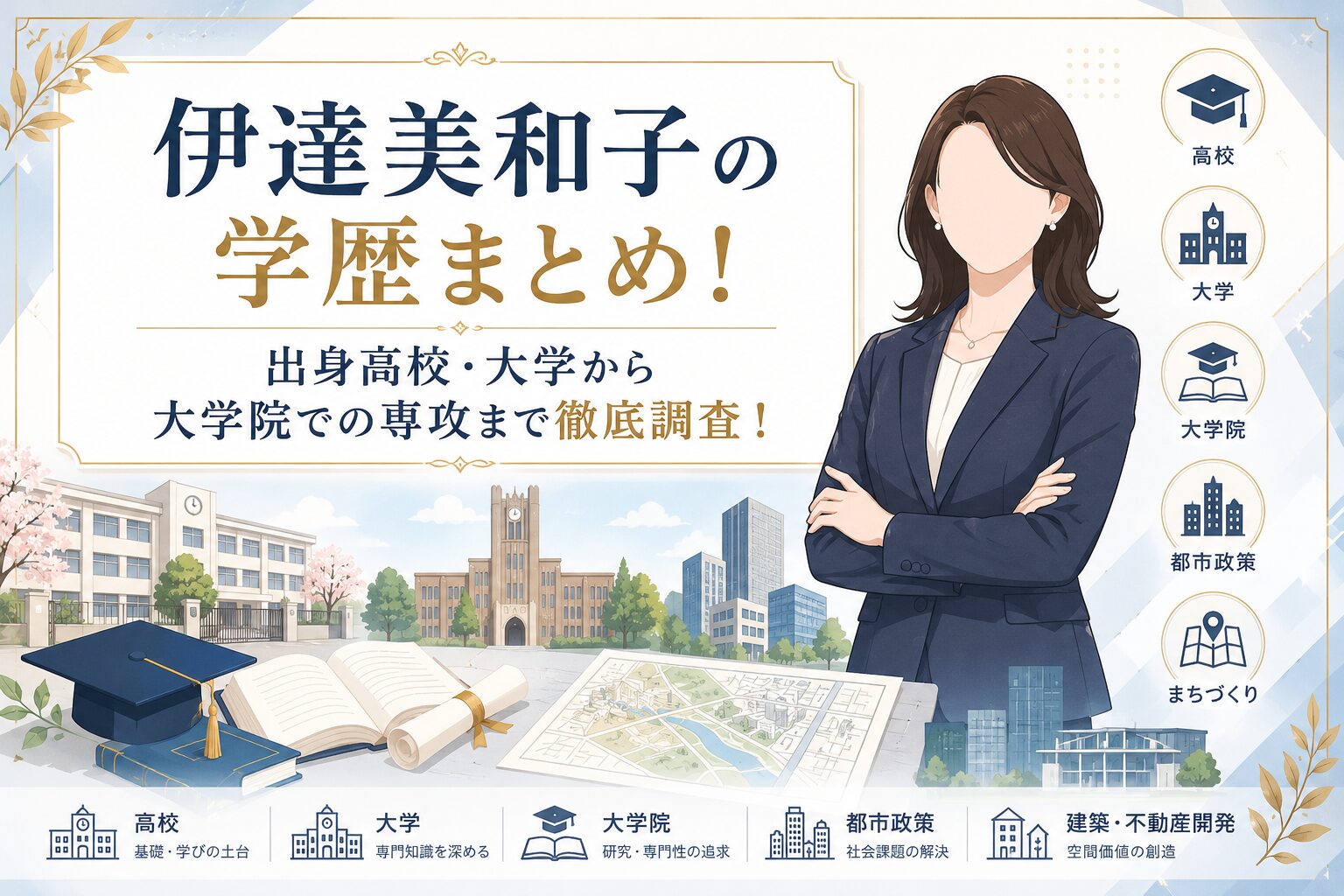 伊達美和子さんの経歴と学歴において、森トラスト社長就任までの歩みと実績をタイムライン風にわかりやすく表現したフラットイラストのアイキャッチ画像