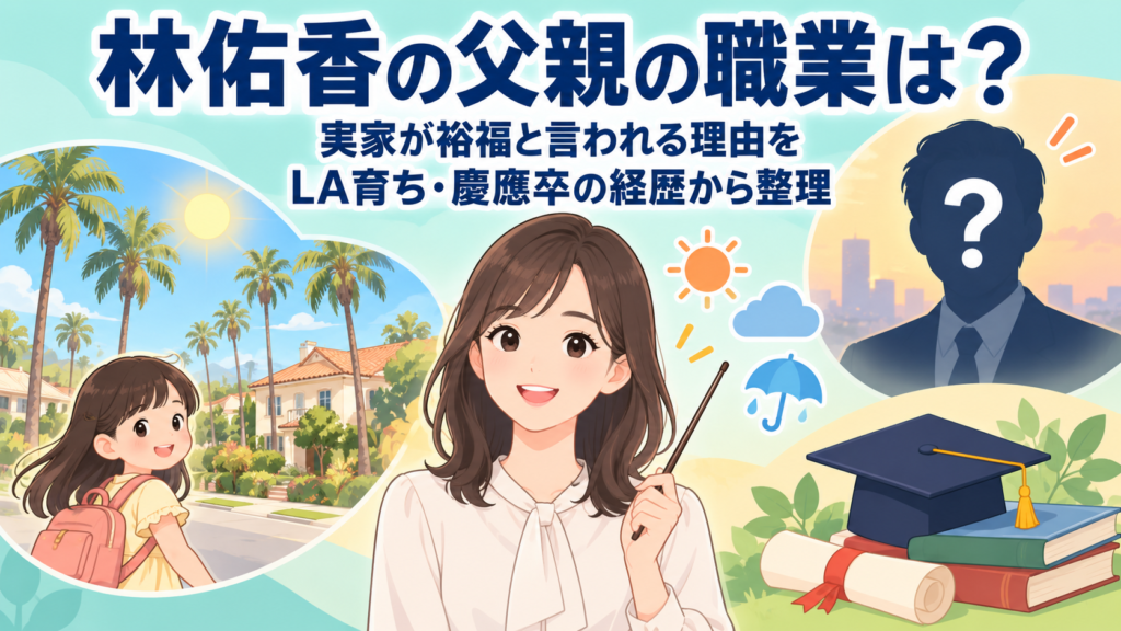 林佑香の父親と実家を解説するイラスト。ロサンゼルスでの幼少期、慶應義塾大学卒業、職業非公開の父親を表現