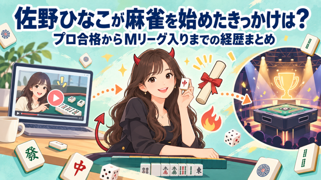 佐野ひなこが麻雀を始めたきっかけとMリーグ入りまでの経歴を表したイラスト。麻雀牌を持つ女性、プロ試験の合格証、スポットライトの当たる麻雀卓